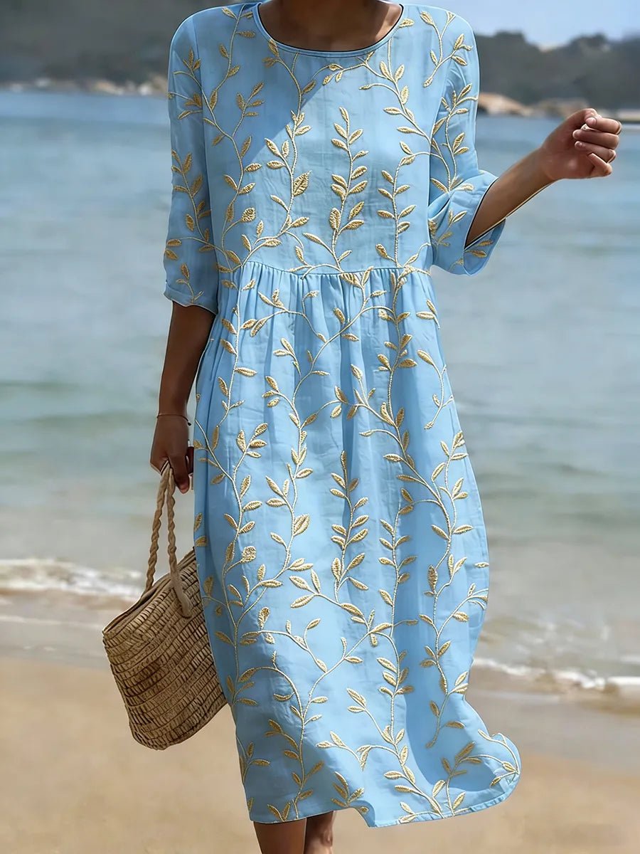 Natalie | Vestido Midi de Cuello Redondo con Estampado de Plantas y Flores - SC