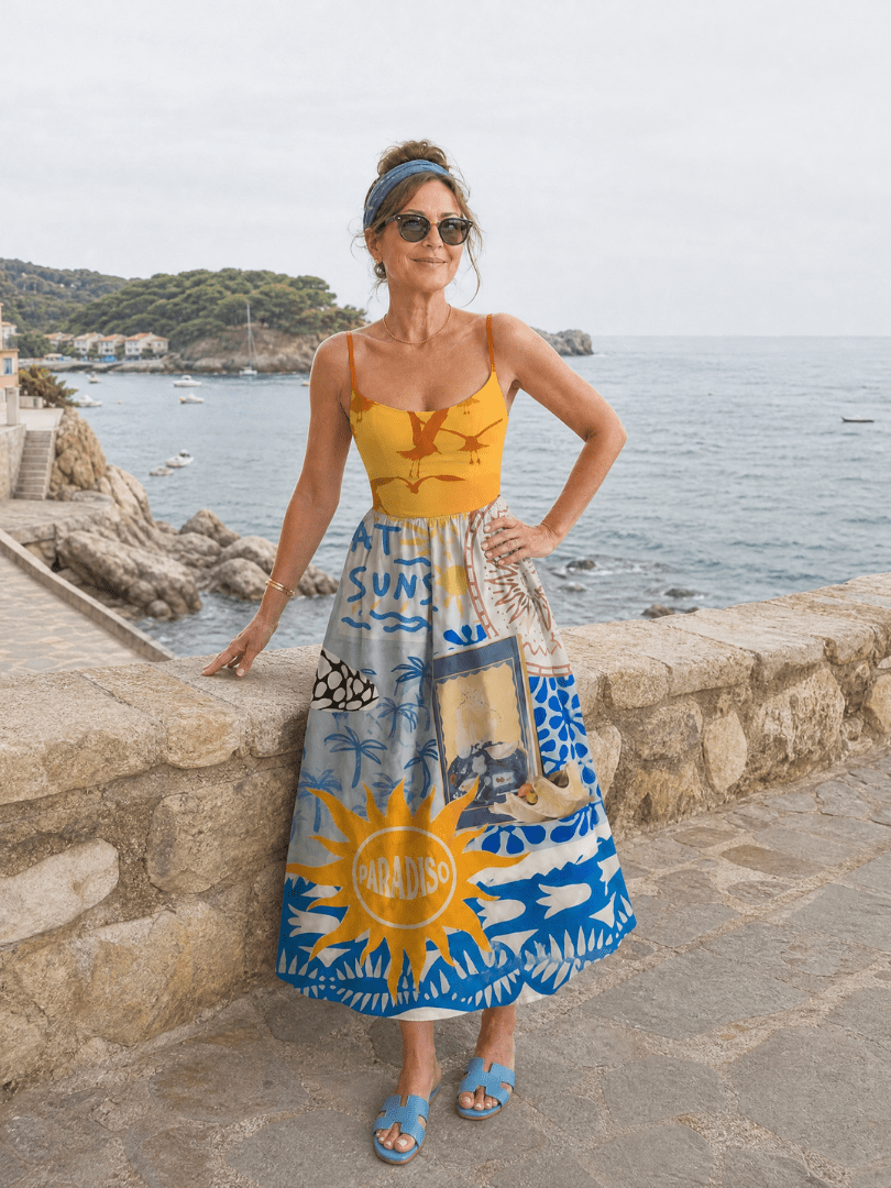 Zarman | Vestido Midi sin Mangas de Estampado Costero - SC