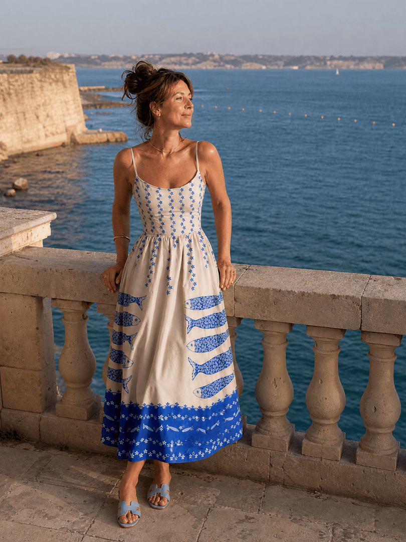 Mukara | Vestido Midi sin Mangas con Estampado de Peces - SC