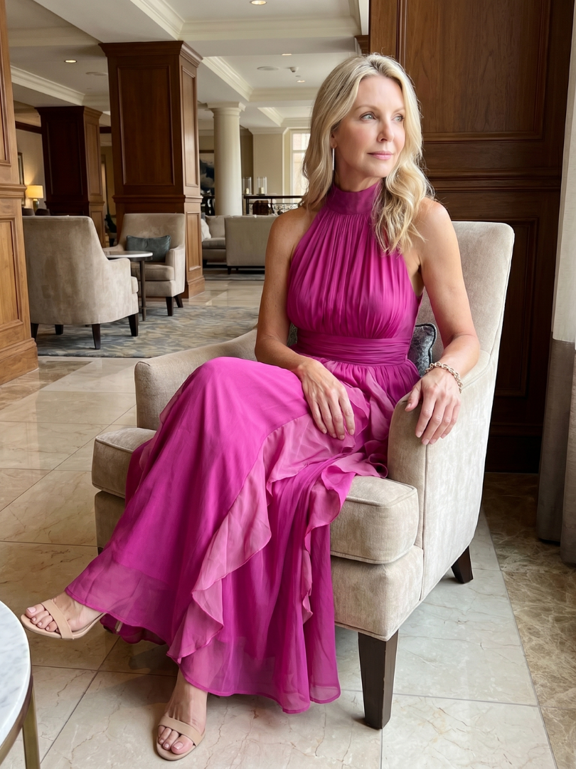 Orea | Vestido maxi de cuello alto con capas de volantes fruncidos