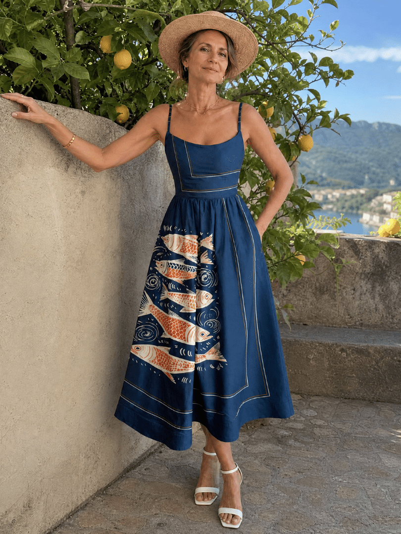 Calythene | Vestido Midi sin Mangas con Estampado de Peces - SC