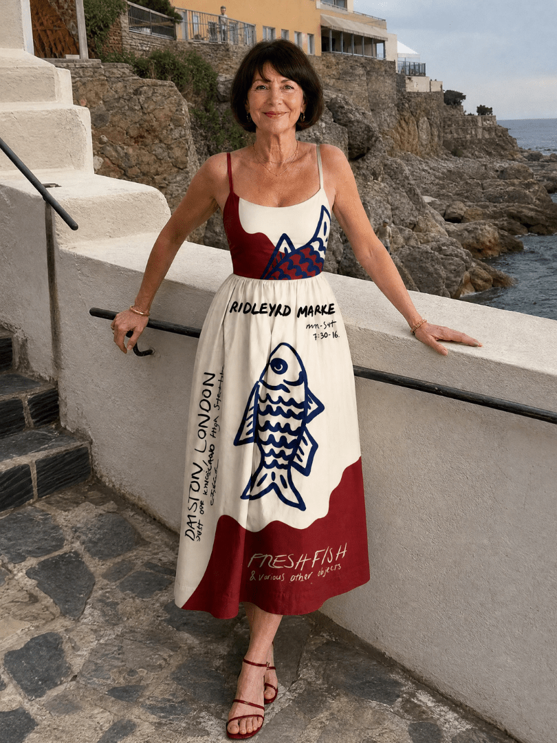 Eiope | Vestido Midi sin Mangas con Estampado de Peces - SC