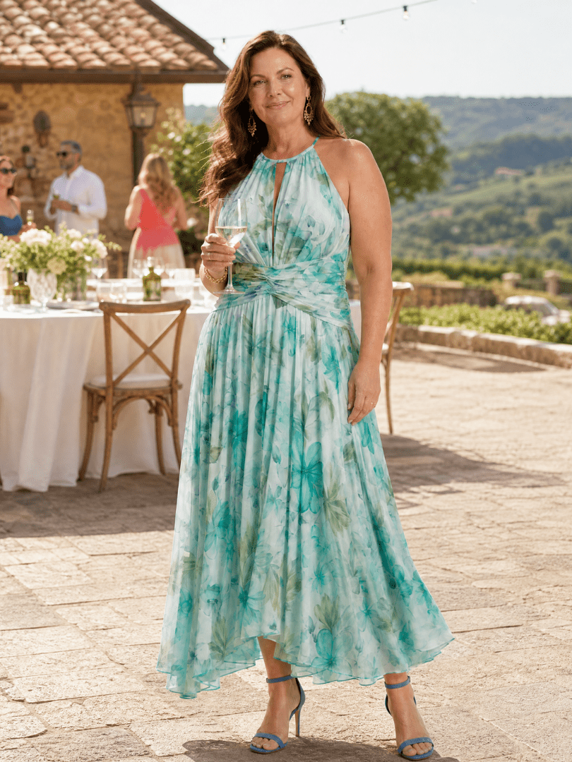 Portia | Vestido Midi Plisado con Escote Halter - SC