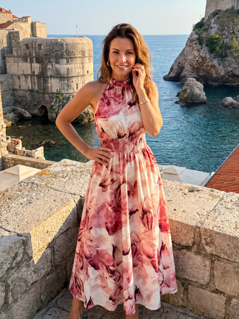 Olivia | Vestido Midi de Cintura Fruncida con Estampado Abstracto - SC