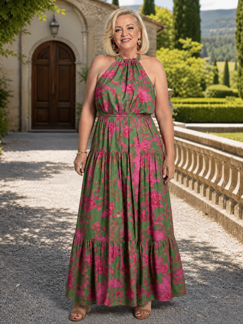 Rowen | Vestido Midi Drapeado con Escote Halter - SC