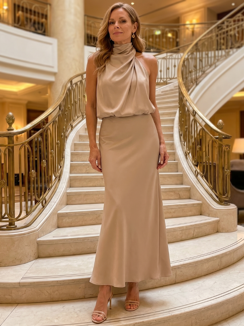 Nopal | Vestido midi sin mangas con escote drapeado