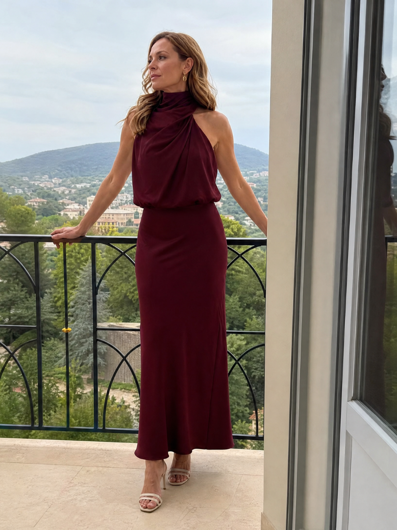Nopal | Vestido midi sin mangas con escote drapeado