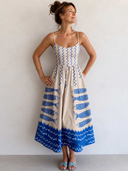 Mukara | Vestido Midi sin Mangas con Estampado de Peces