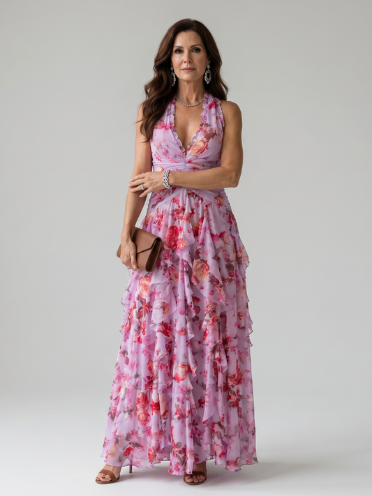 Nori | Vestido maxi floral con escote halter y corpiño fruncido
