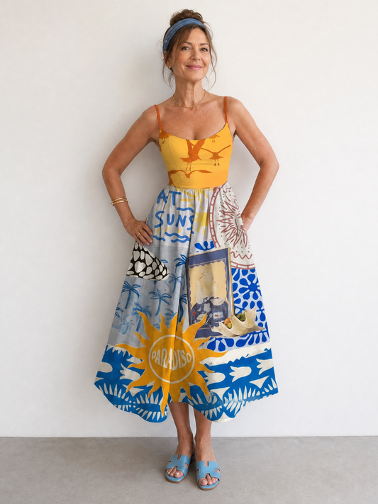 Zarman | Vestido Midi sin Mangas de Estampado Costero