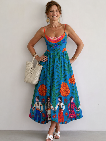 Xylienne | Vestido Midi sin Mangas con Estampado Folk