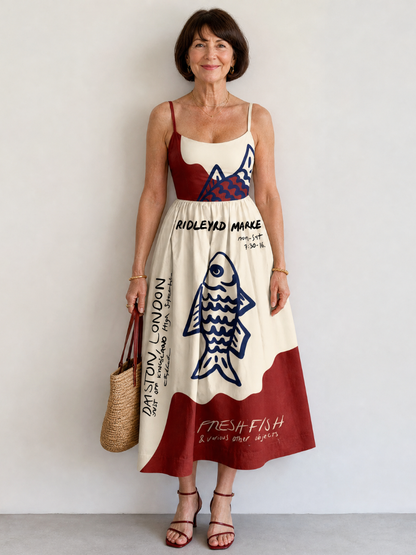 Eiope | Vestido Midi sin Mangas con Estampado de Peces