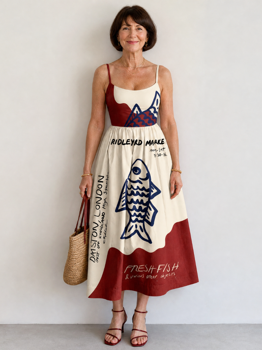 Eiope | Vestido Midi sin Mangas con Estampado de Peces