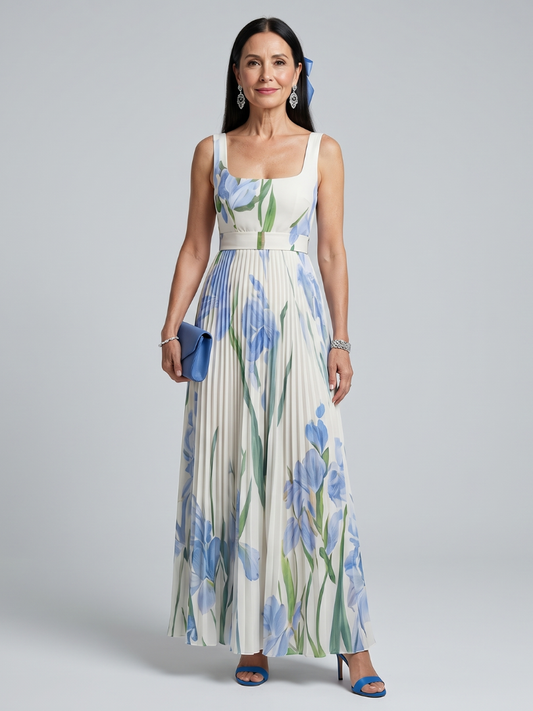 Ophelia | Vestido midi sin mangas de cuello cuadrado con estampado floral