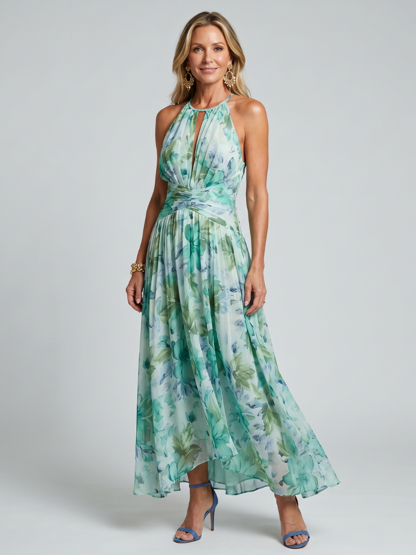 Portia | Vestido midi plisado con escote halter de estampado floral suave