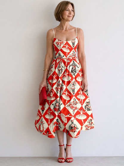 Virelina | Vestido Midi sin Mangas con Estampado de Diamantes