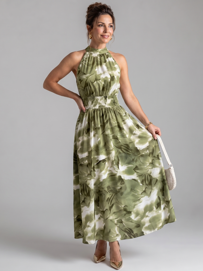 Olivia | Vestido midi de cintura fruncida con estampado abstracto