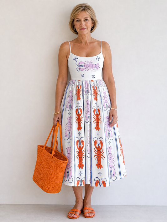 Coralyse | Vestido Midi sin Mangas con Estampado de Langosta