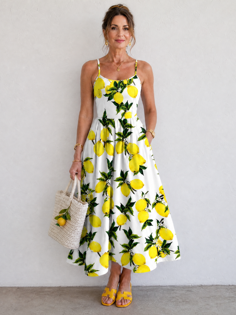 Limonelle | Vestido Midi sin Mangas con Estampado de Limón