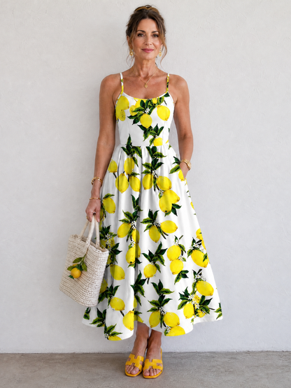 Limonelle | Vestido Midi sin Mangas con Estampado de Limón