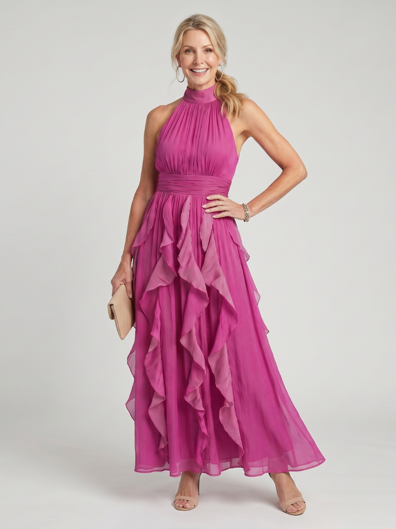 Orea | Vestido maxi de cuello alto con capas de volantes fruncidos