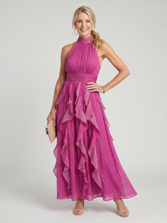 Orea | Vestido maxi de cuello alto con capas de volantes fruncidos