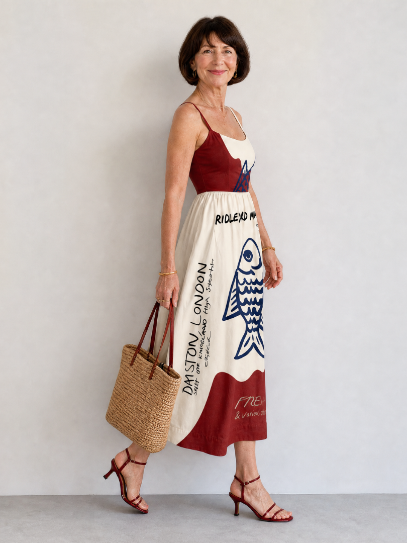 Eiope | Vestido Midi sin Mangas con Estampado de Peces