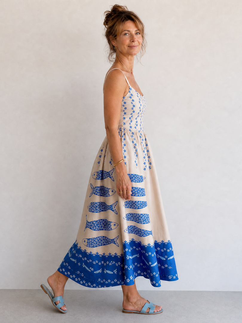 Mukara | Vestido Midi sin Mangas con Estampado de Peces