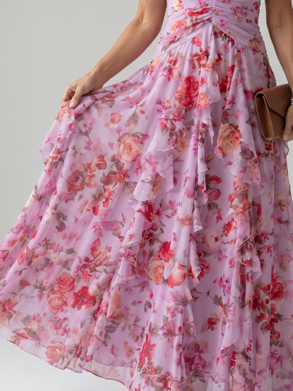 Nori | Vestido maxi floral con escote halter y corpiño fruncido