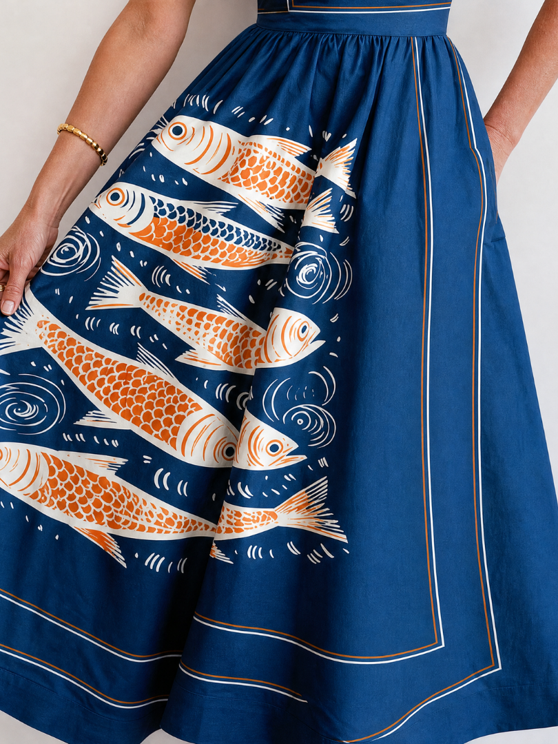 Calythene | Vestido Midi sin Mangas con Estampado de Peces