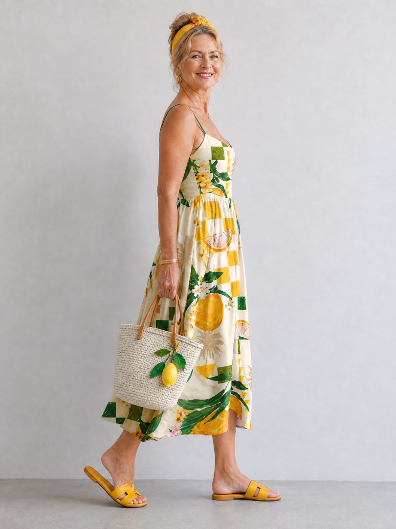 Aurexia | Vestido Midi sin Mangas con Estampado Cítrico