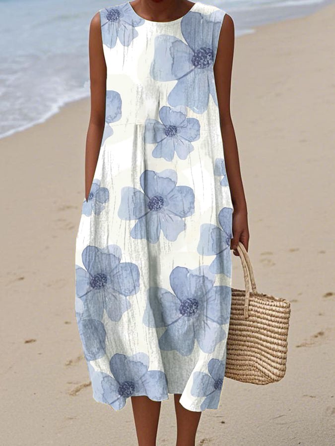 Vestido Floral Sin Mangas con Cuello Redondo para Mujeres - SC