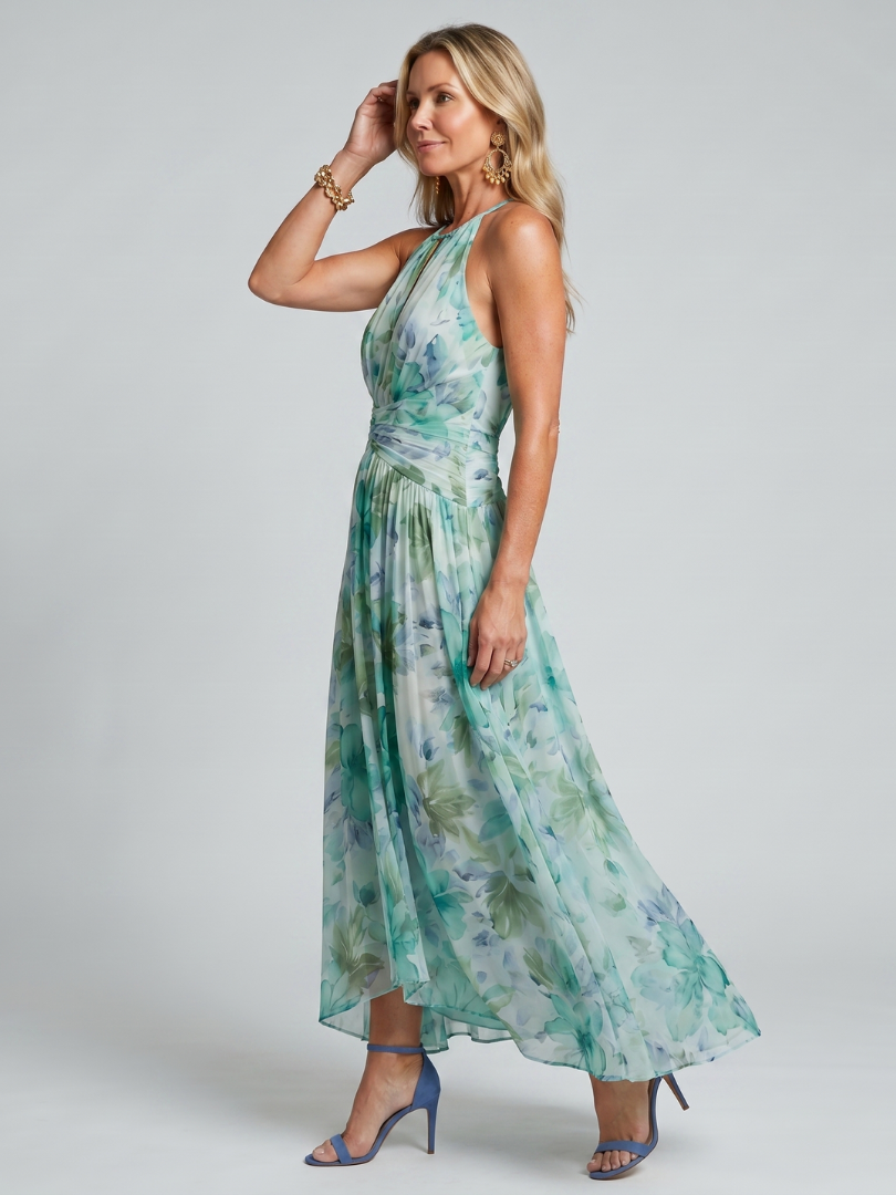 Portia | Vestido midi plisado con escote halter de estampado floral suave