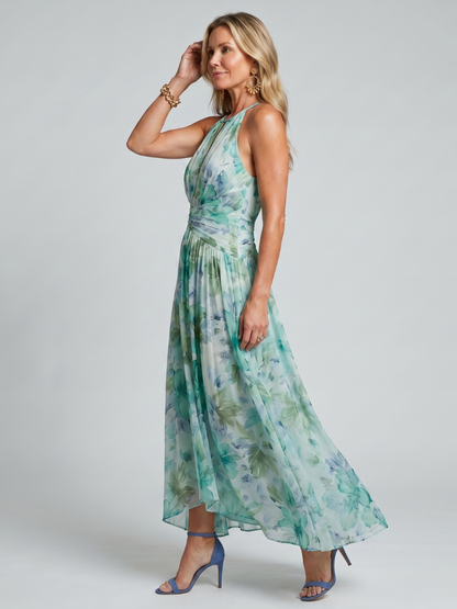 Portia | Vestido midi plisado con escote halter de estampado floral suave