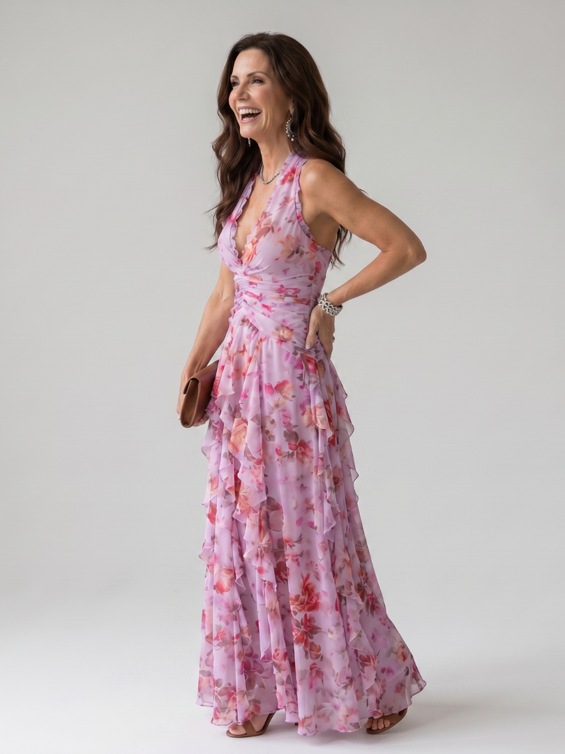 Nori | Vestido maxi floral con escote halter y corpiño fruncido