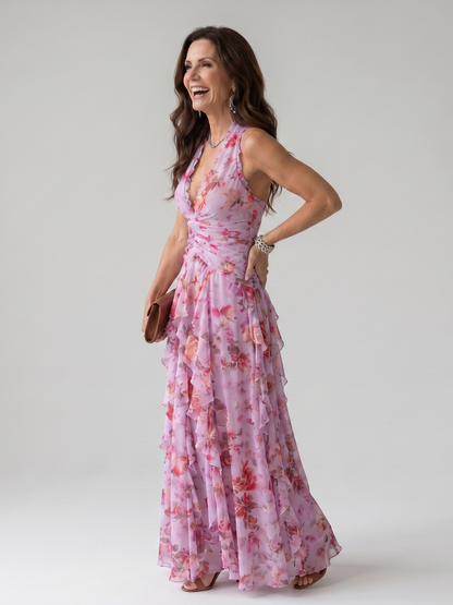Nori | Vestido maxi floral con escote halter y corpiño fruncido