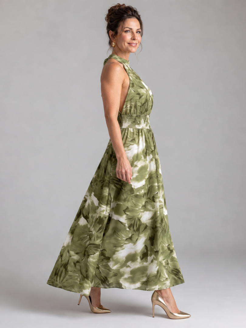 Olivia | Vestido midi de cintura fruncida con estampado abstracto