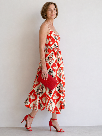 Virelina | Vestido Midi sin Mangas con Estampado de Diamantes