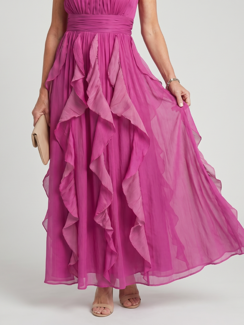 Orea | Vestido maxi de cuello alto con capas de volantes fruncidos