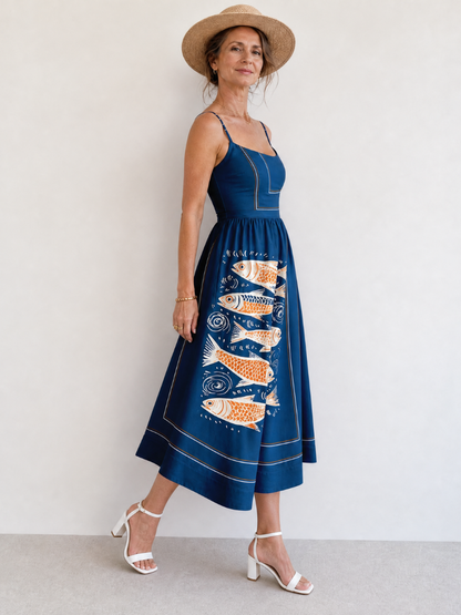 Calythene | Vestido Midi sin Mangas con Estampado de Peces