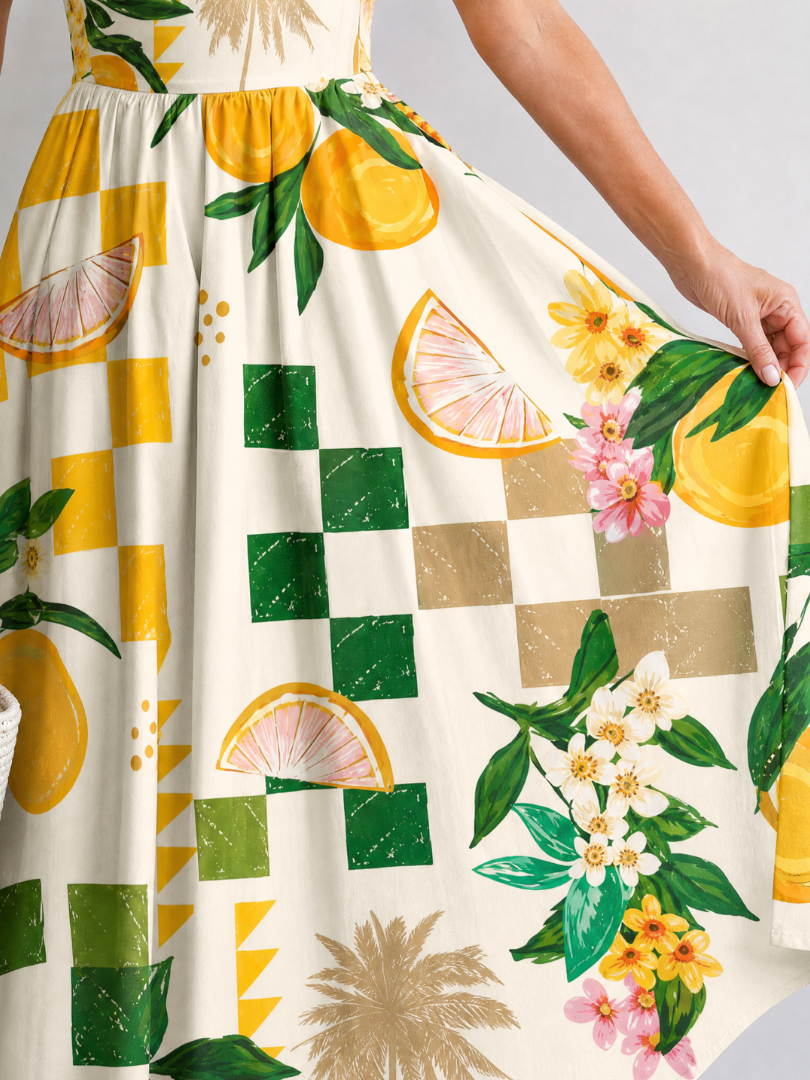 Aurexia | Vestido Midi sin Mangas con Estampado Cítrico