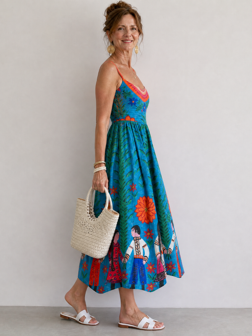 Xylienne | Vestido Midi sin Mangas con Estampado Folk