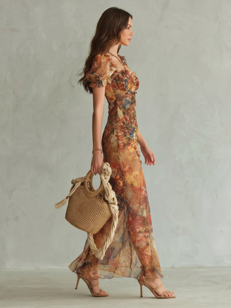 Ciel | Vestido midi con mangas fruncidas y abertura