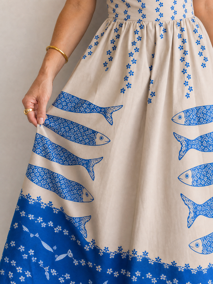 Mukara | Vestido Midi sin Mangas con Estampado de Peces