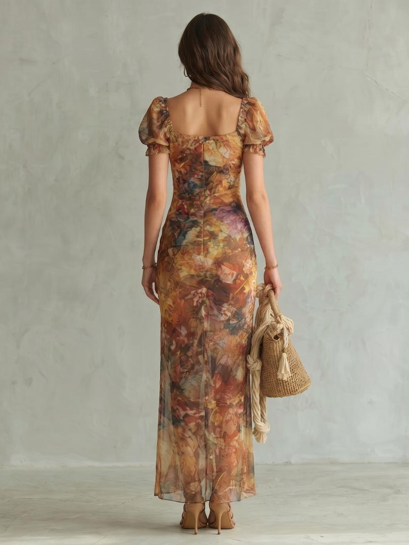 Ciel | Vestido midi con mangas fruncidas y abertura
