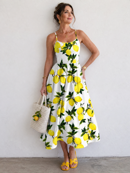 Limonelle | Vestido Midi sin Mangas con Estampado de Limón