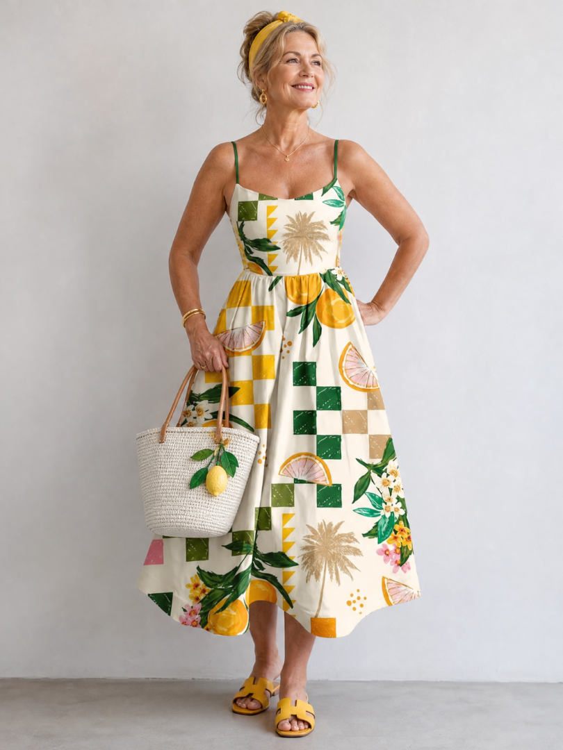 Aurexia | Vestido Midi sin Mangas con Estampado Cítrico