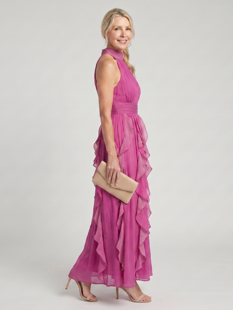 Orea | Vestido maxi de cuello alto con capas de volantes fruncidos