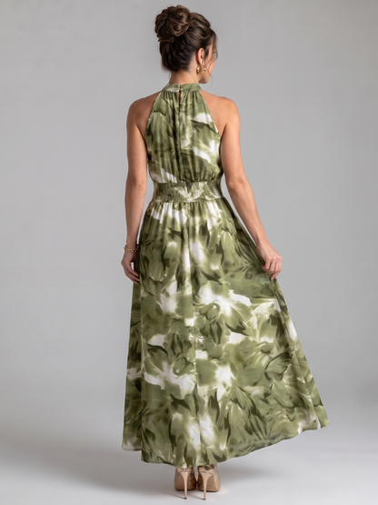 Olivia | Vestido midi de cintura fruncida con estampado abstracto