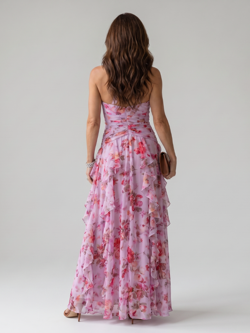 Nori | Vestido maxi floral con escote halter y corpiño fruncido